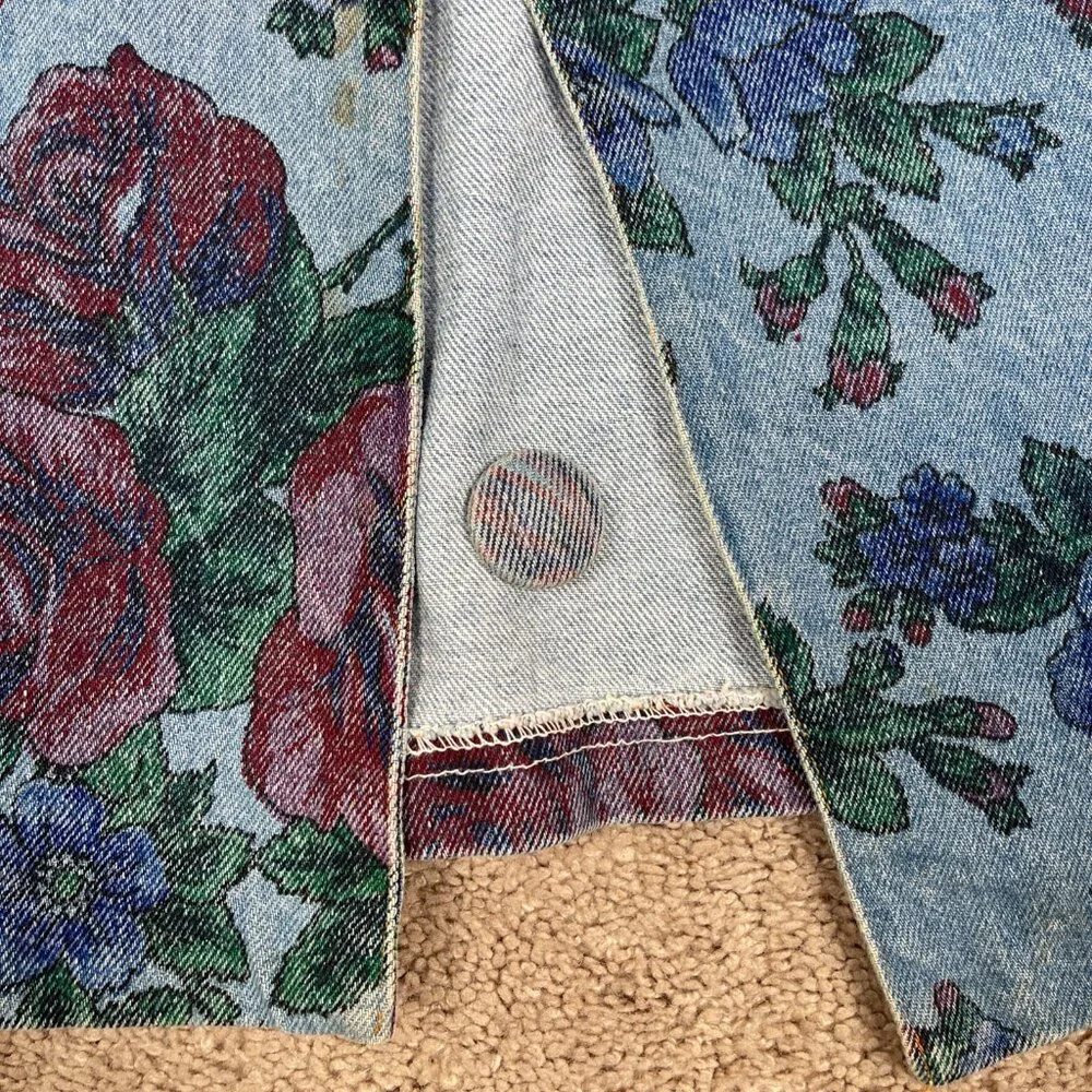 JOUJOU Blazer Womens S Blue Denim Floral Vintage 80s Oversized Boxy Long Jacket - Picture 4 of 13